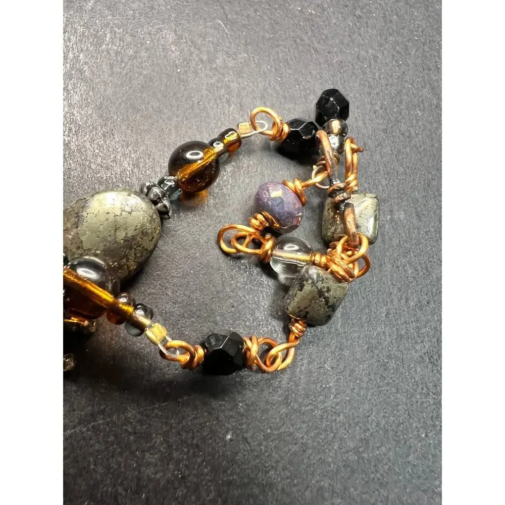 Artisan Copper Wire Necklace Glass Onyx Pyrite Amber Pearl 17”
